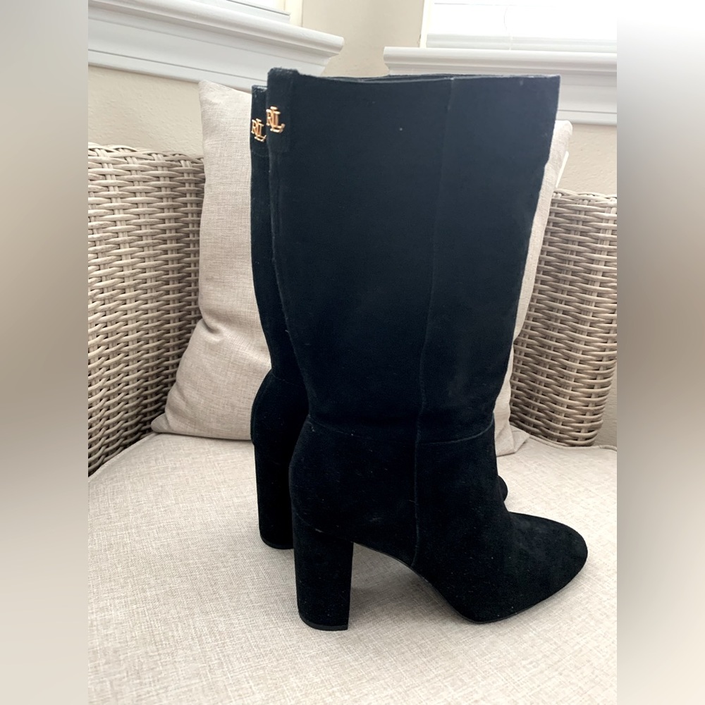 NWOT Ralph Lauren Suede Boots: Black, Pull-On, Back Golden Logo, High Heel 9